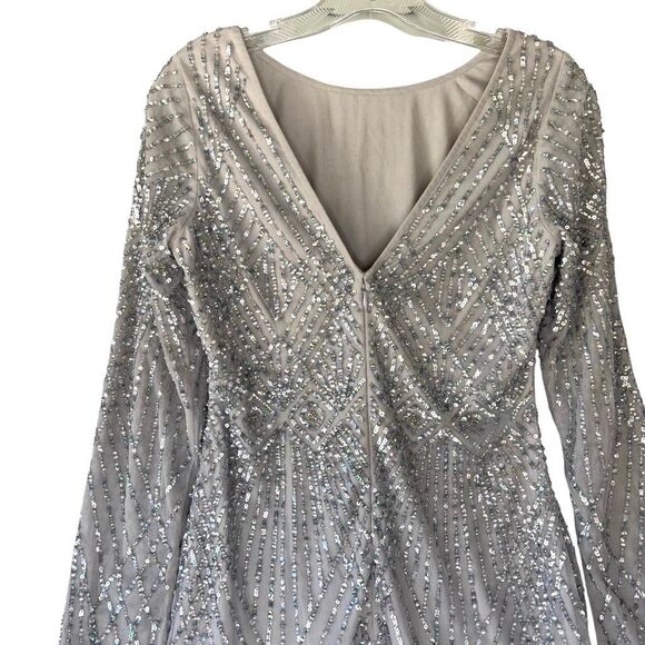 Aidan Mattox Gray Silver Sequin Mini Dress Long Sleeve Boat V Neck Women Size 8 - Picture 6 of 10
